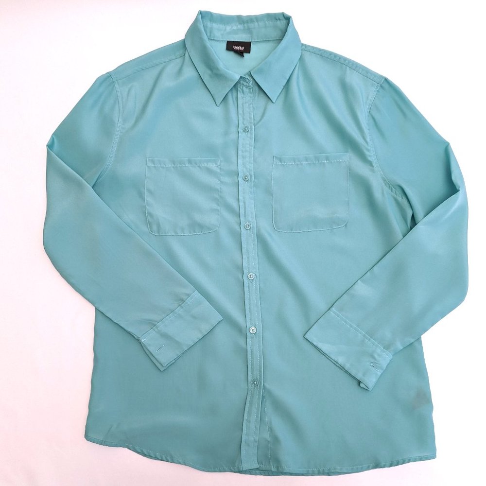 Mossimo Aqua Green Long Sleeve Shirt Button Up Blouse Work Women's Size Small